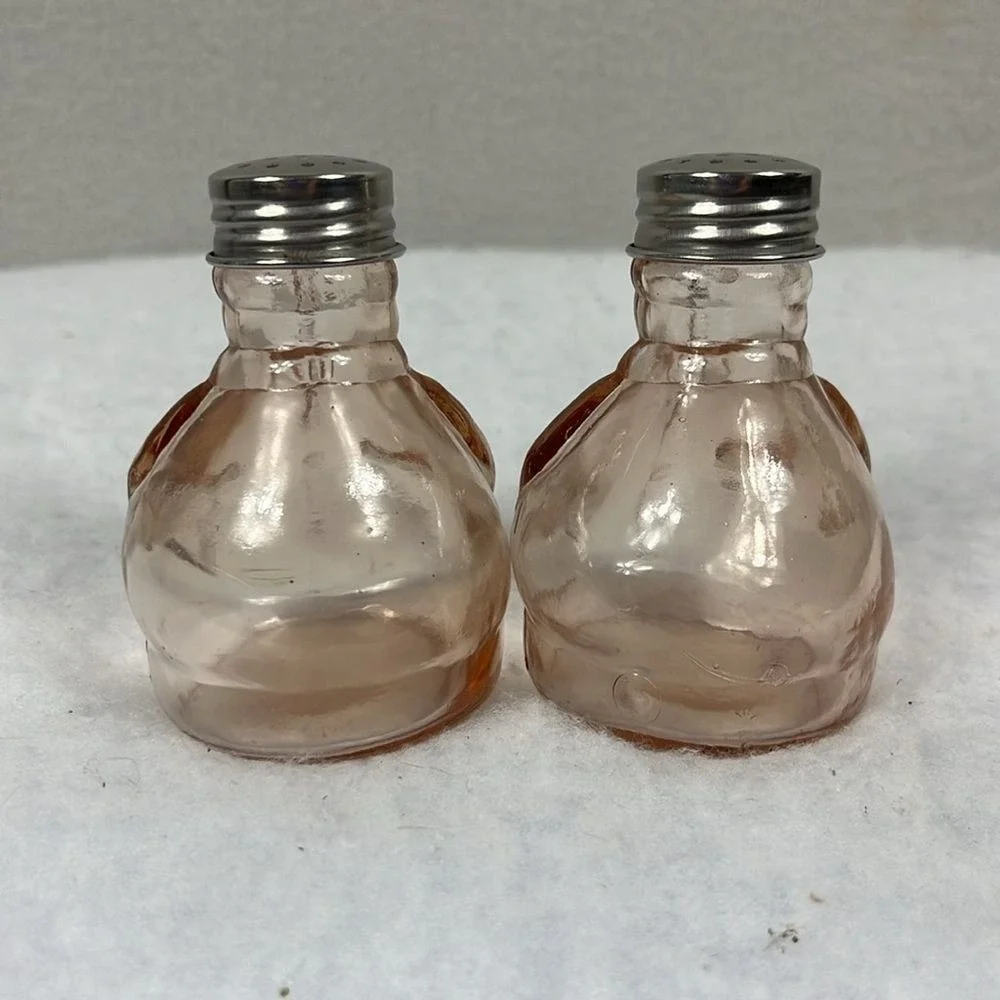 Pink Glass Figures Rotund Men Salt n Pepper Shakers Set of 2 Unique‎